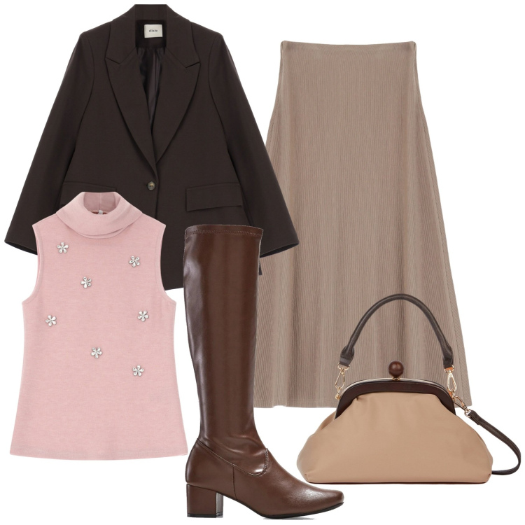 Outfit donna - Total look #2042364. Stile Casual chic per Tutti i giorni. Abbinamento con stivali, gonne lunghe, maglieria, blazer, clutch.
