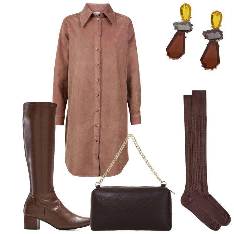 Outfit donna - Vestito in velluto e stivali. Stile Casual chic per Tutti i giorni. Abbinamento con stivali, borse a tracolla, orecchini, vestiti chemisier, collant.