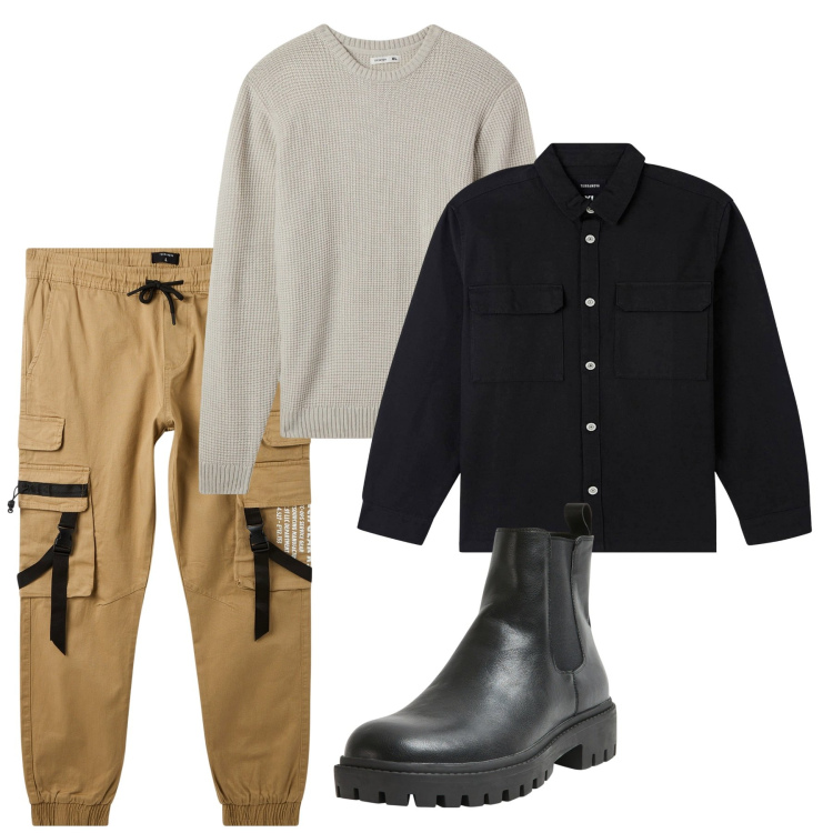 Outfit uomo - Total look. Stile Urban per Tutti i giorni. Abbinamento con cappotti, pantaloni cargo, stivali e stivaletti, maglieria.