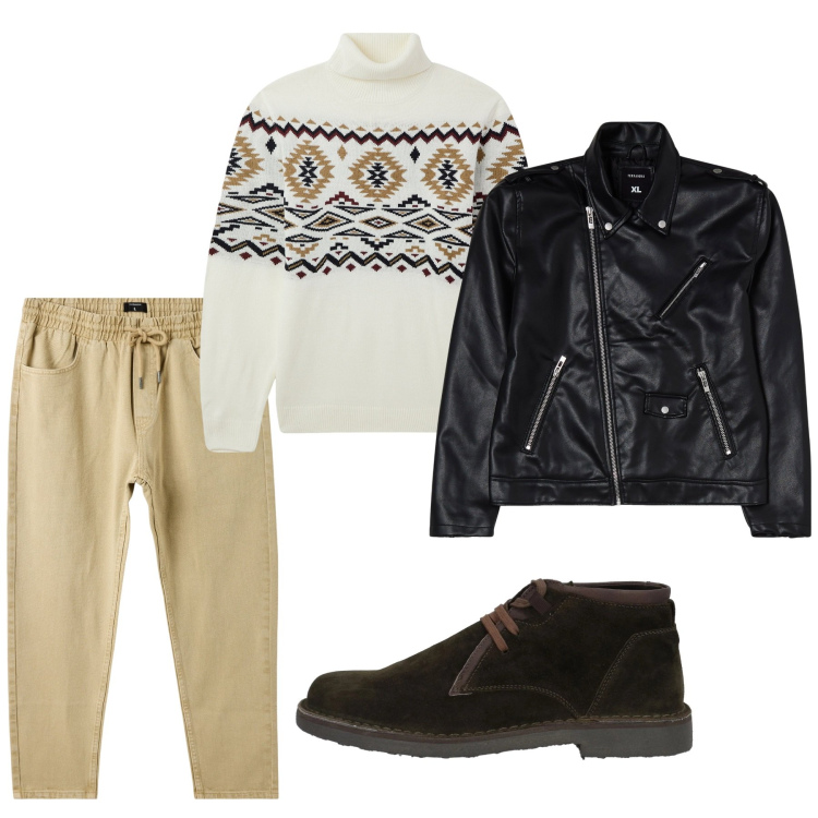Outfit uomo - Total look. Stile Urban per Tutti i giorni. Abbinamento con stivali e stivaletti, maglieria, giacche, pantaloni.