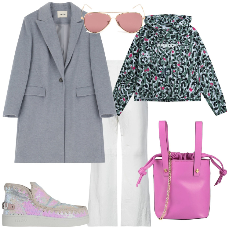 Outfit donna - Total look #2042378. Stile Trendy per Tutti i giorni. Abbinamento con pantaloni, borse a secchiello, stivaletti, felpe con cappuccio, cappotti, occhiali da sole.