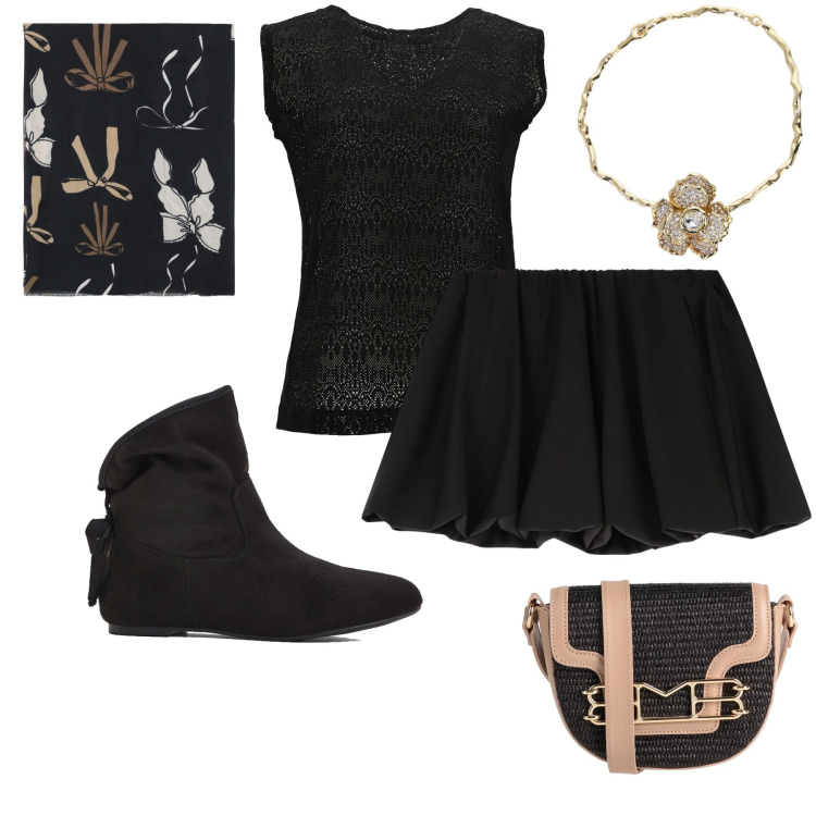 Outfit donna - Stivaletto. Stile Preppy per Scuola/Università. Abbinamento con stivaletti, borse a tracolla, sciarpe, minigonne, t-shirt, collane.