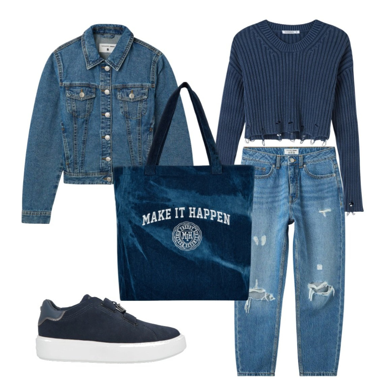 Outfit donna - Blu jeans. Stile Casual per Tutti i giorni. Abbinamento con sneakers, blazer, jeans mom, maglieria, shopping bag.