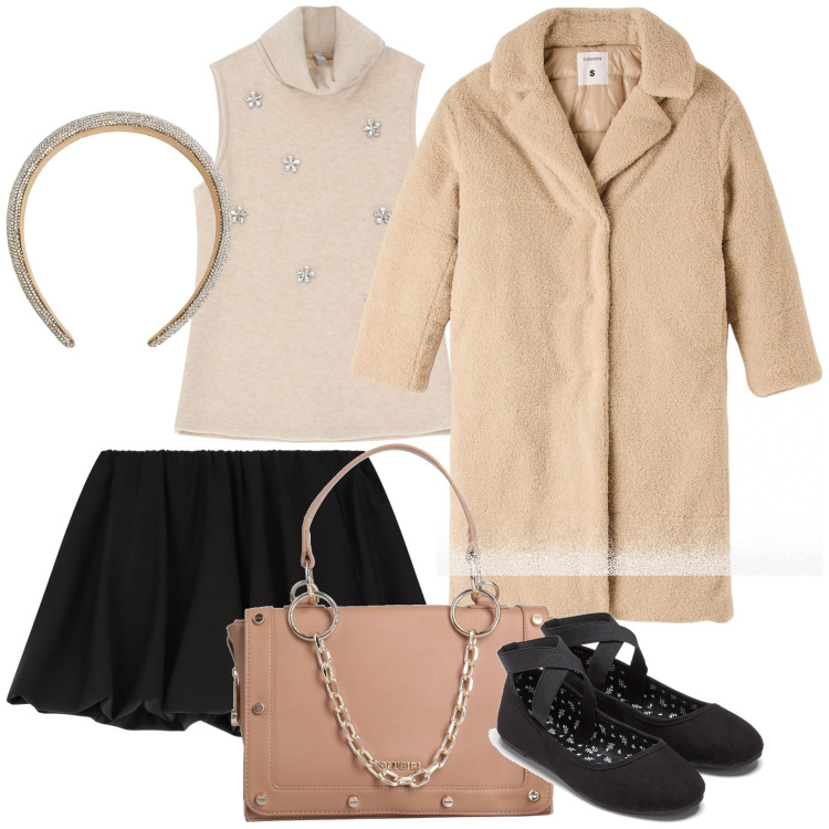 Outfit donna - Minigonna. Stile Preppy per Ufficio. Abbinamento con ballerine, borse a mano, cappotti, cerchietti, minigonne, maglieria.