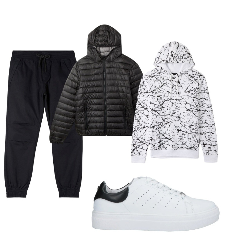 Outfit uomo - Total look #2042416. Stile Casual per Tutti i giorni. Abbinamento con sneakers, pantaloni, piumini, felpe con cappuccio.