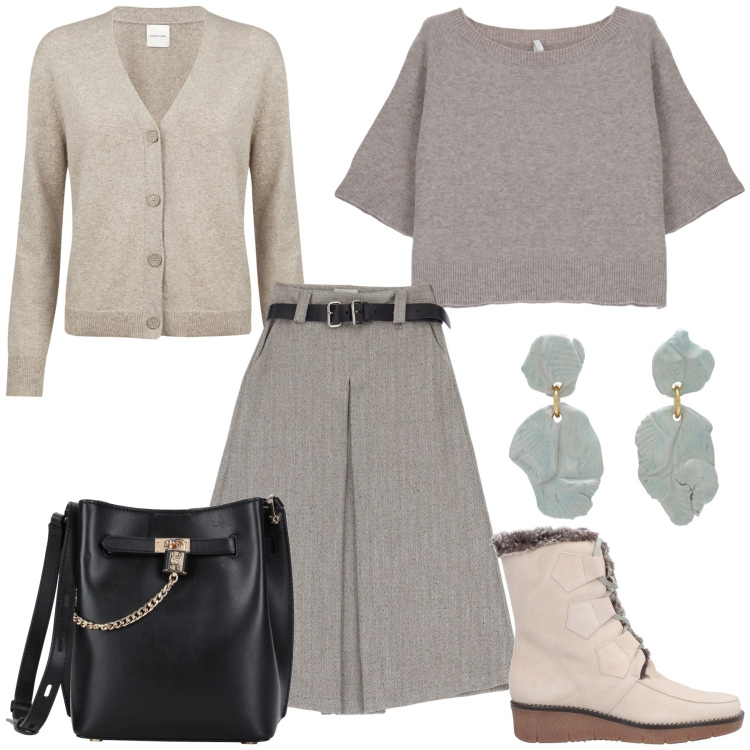 Outfit donna - Lunedì mattina. Stile Urban per Tutti i giorni. Abbinamento con orecchini, borse a tracolla, stivaletti, maglieria, gonne, cardigans.