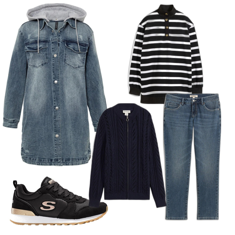 Outfit donna - Jeans e righe. Stile Preppy per Tutti i giorni. Abbinamento con blazer, sneakers, felpe, jeans boyfriend, cardigans.