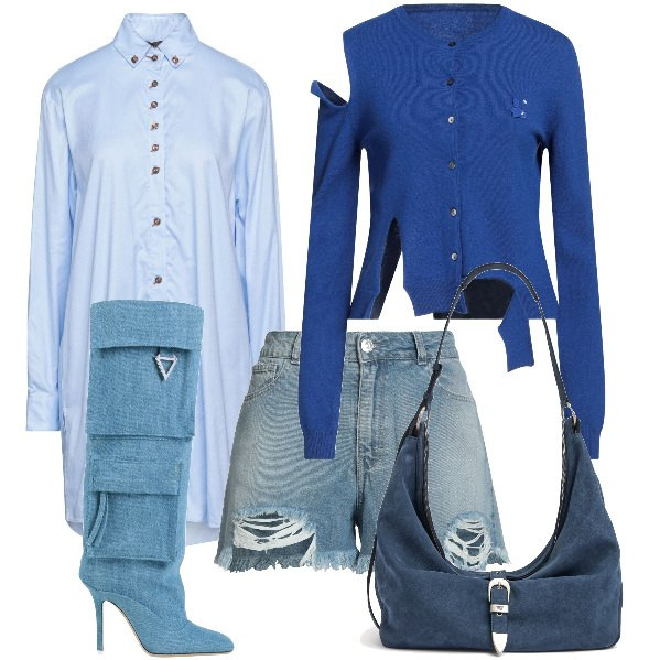 Outfit donna - Total look #2042460. Stile Sexy per Tutti i giorni. Abbinamento con camicie, cardigans, stivali, shorts, borse a spalla.