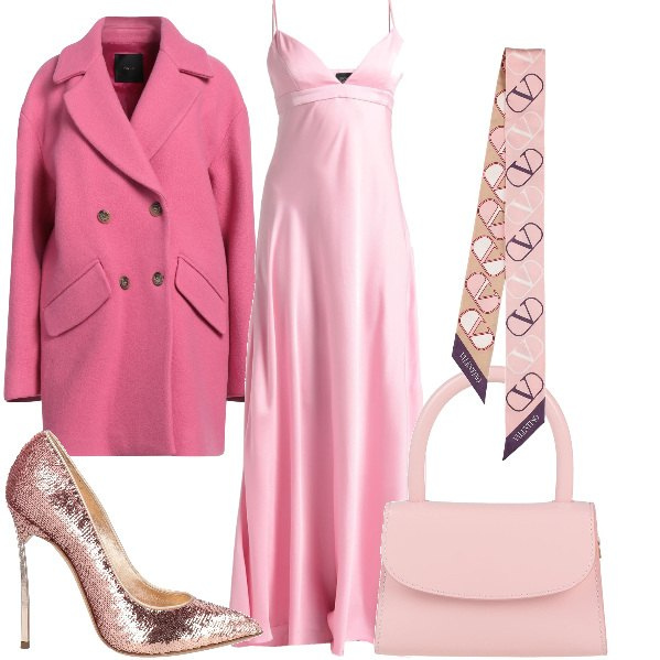 Outfit donna - Total look #2042464. Stile Chic per Cerimonia. Abbinamento con cappotti, décolleté, vestiti lunghi, borse a mano, sciarpe.