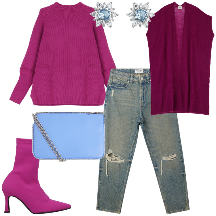 Outfit donna - Jeans used per l aperitivo. Stile Trendy per Serata fuori. Abbinamento con stivaletti, borse a tracolla, jeans mom, orecchini, maglieria, cappotti.