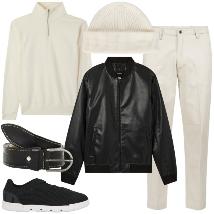 Outfit uomo - Bianco lana e nero. Stile Casual per Ufficio. Abbinamento con sneakers, bomber, felpe, cinture, berretti, pantaloni.
