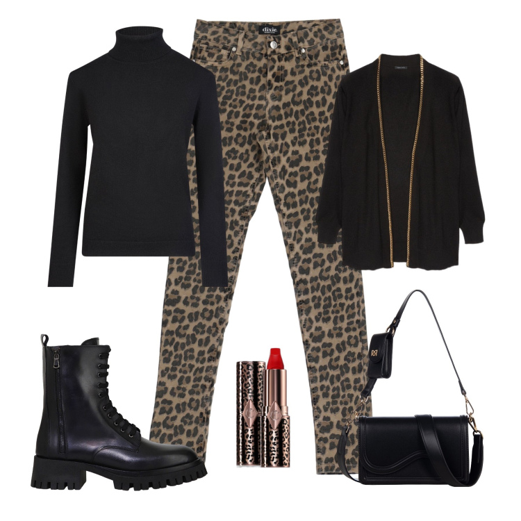 Outfit donna - Animalier Dixie. Stile Trendy per Tutti i giorni. Abbinamento con rossetti, pochette, pantaloni, stivali, maglieria, cardigans.