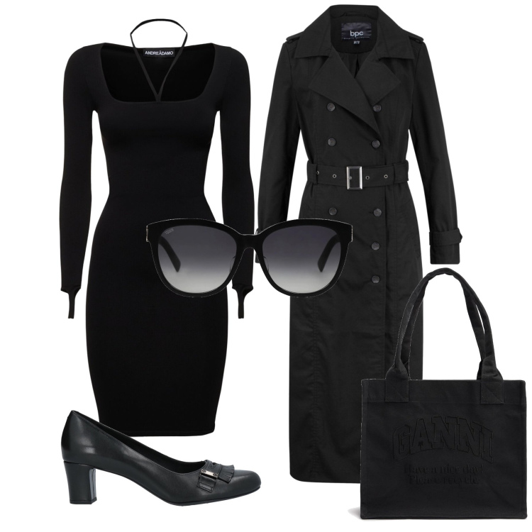 Outfit donna - All black office. Stile Urban per Ufficio. Abbinamento con trench, décolleté, occhiali da sole, vestiti midi/longuette, shopping bag.