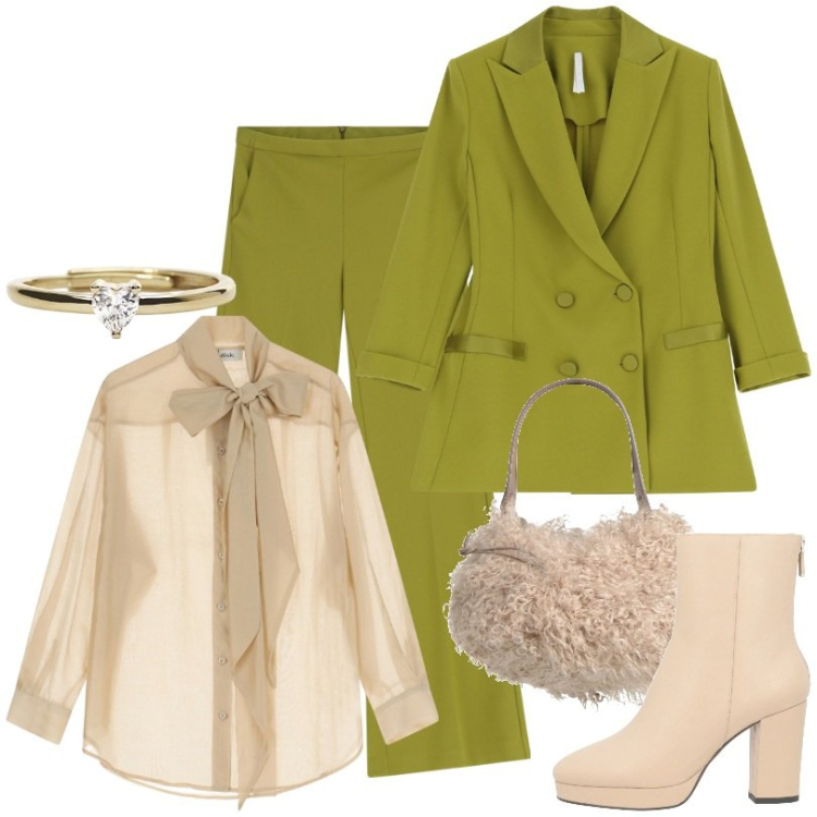 Outfit donna - Il tuo stile unico. Stile Chic per Tutti i giorni. Abbinamento con stivaletti, borse a secchiello, anelli, blazer, pantaloni, camicie.