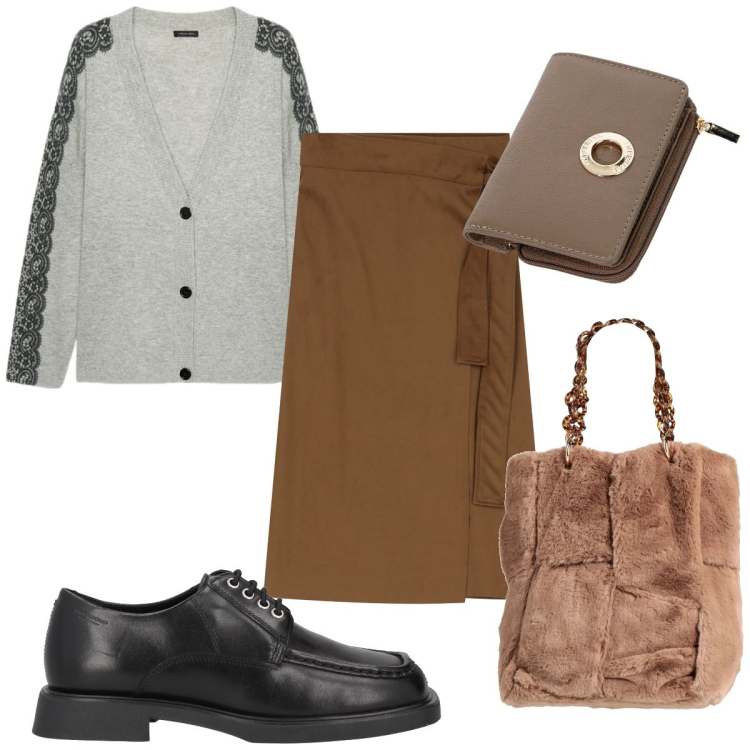 Outfit donna - Total look #2042488. Stile Trendy per Ufficio. Abbinamento con borse a mano, scarpe stringate, portafogli, gonne longuette, cardigans.