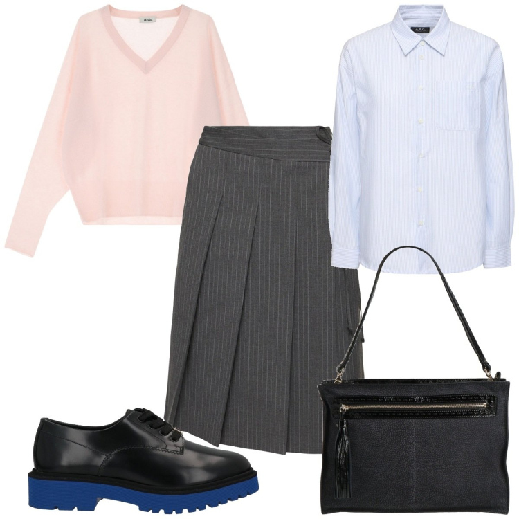 Outfit donna - Total look #2042494. Stile Trendy per Ufficio. Abbinamento con scarpe stringate, borse a mano, pullovers, camicie, gonne longuette.