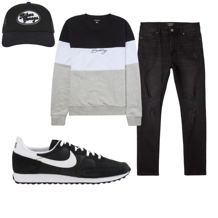Outfit uomo - Total look #2042495. Stile Casual per Tutti i giorni. Abbinamento con sneakers, cappelli, jeans strappati, felpe.