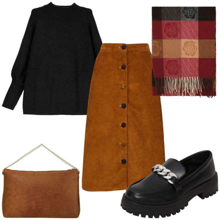 Outfit donna - Total look #2042496. Stile Trendy per Ufficio. Abbinamento con mocassini, foulard, pochette, maglieria, gonne longuette.