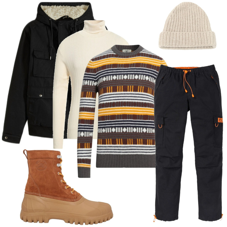 Outfit uomo - Calde atmosfere. Stile Casual Abbinamento con berretti, pullovers, maglieria, stivali e stivaletti, pantaloni, piumini.