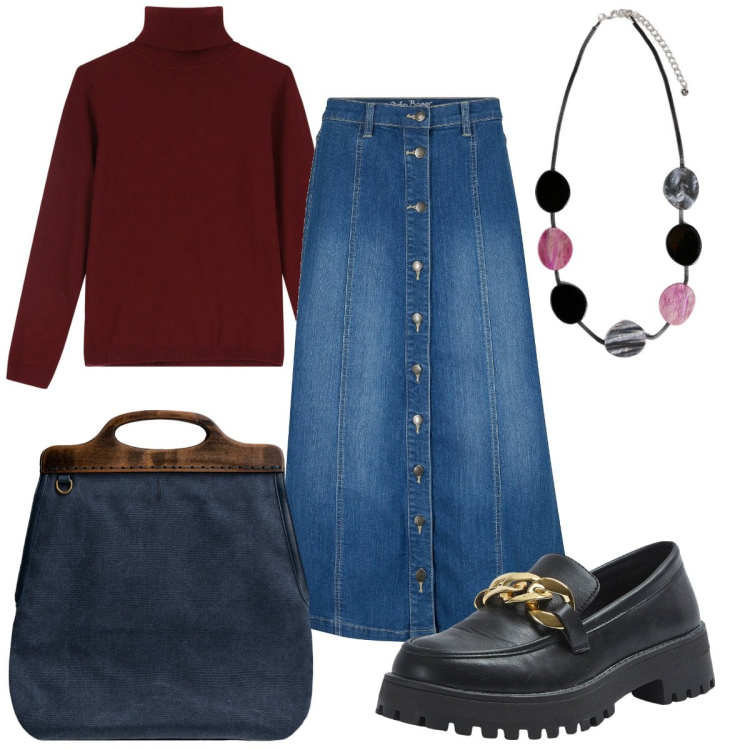 Outfit donna - Total look #2042502. Stile Trendy per Tutti i giorni. Abbinamento con gonne longuette, mocassini, maglieria, borse a tracolla, collane.