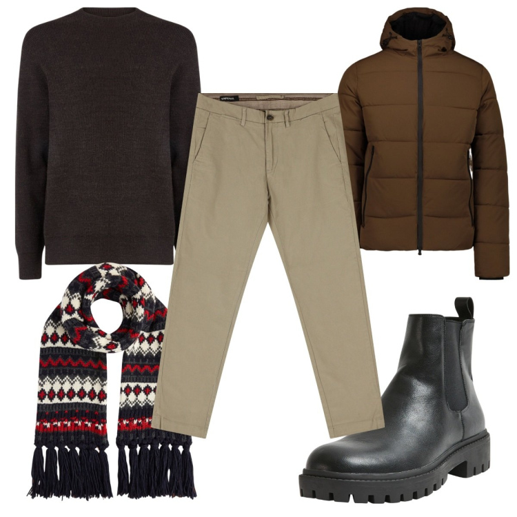 Outfit uomo - Total look #2042518. Stile Trendy per Tutti i giorni. Abbinamento con stivali e stivaletti, pantaloni chino, piumini, sciarpe, maglieria.