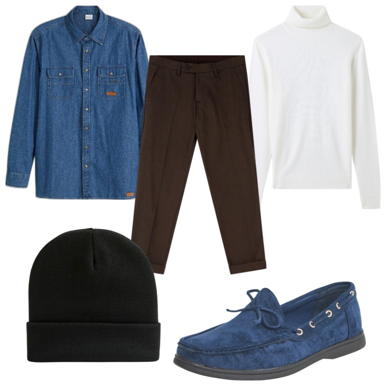 Outfit uomo - Total look #2042523. Stile Trendy per Tutti i giorni. Abbinamento con camicie, pantaloni chino, berretti, scarpe stringate, maglieria.