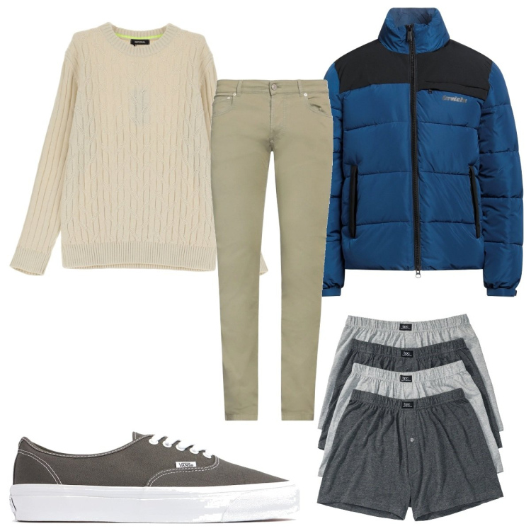 Outfit uomo - Total look #2042527. Stile Trendy per Tutti i giorni. Abbinamento con boxer, piumini, pantaloni, maglieria, sneakers.