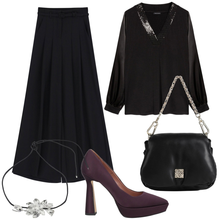 Outfit donna - Di sera. Stile Chic per Serata fuori. Abbinamento con décolleté, borse a mano, pantaloni, collane, bluse.