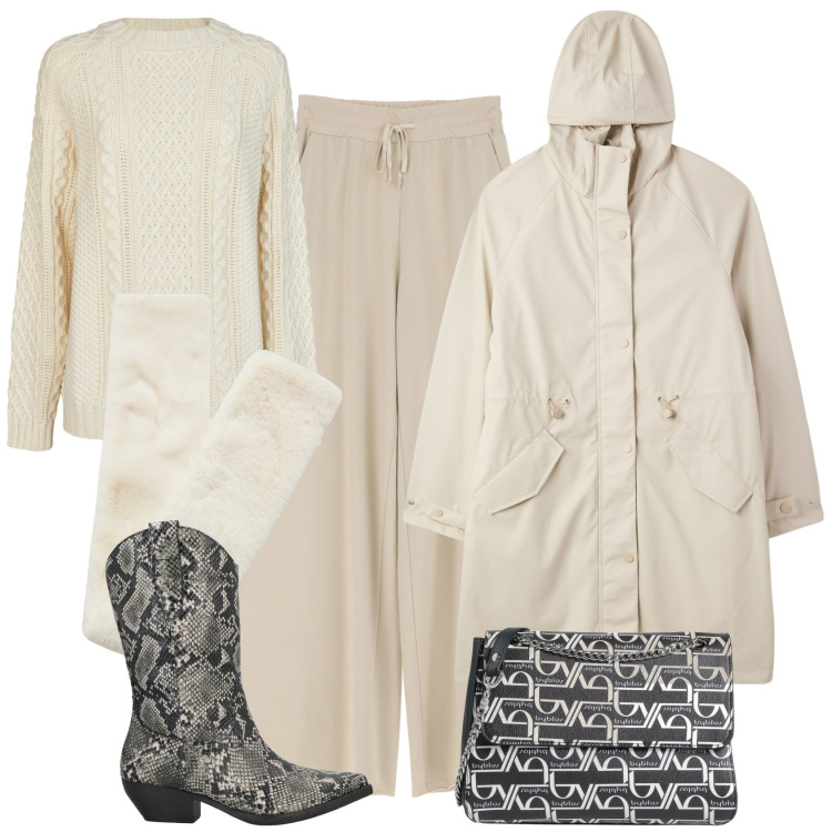 Outfit donna - Antipioggia. Stile Urban per Tutti i giorni. Abbinamento con stivaletti texani, borse a tracolla, pantaloni, sciarpe, cappotti, maglieria.