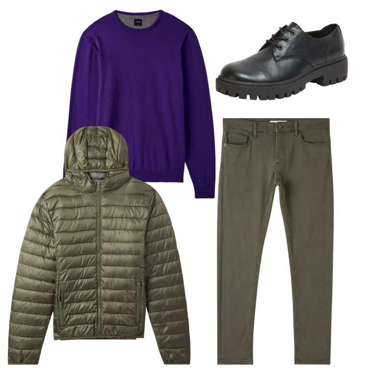 Outfit uomo - Il pullover blu. Stile Casual per Tutti i giorni. Abbinamento con piumini, maglieria, pantaloni skinny, scarpe stringate.