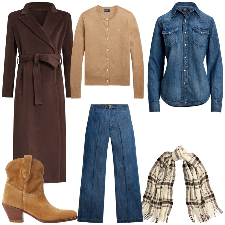 Outfit donna - Country. Stile Trendy per Tutti i giorni. Abbinamento con cappotti, stivaletti, camicie, cardigans, sciarpe, jeans.