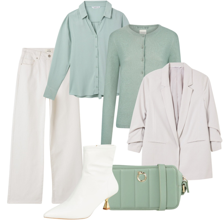 Outfit donna - Ufficio a strati acquamarina. Stile Casual chic per Ufficio. Abbinamento con borse a tracolla, blazer, stivaletti, camicie, pantaloni, cardigans.