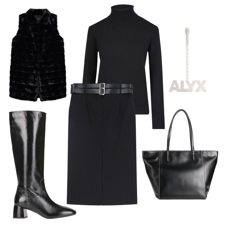 Outfit donna - Audace in total black. Stile Chic per Ufficio. Abbinamento con stivali, borse a spalla, gonne longuette, orecchini, maglieria, gilet.