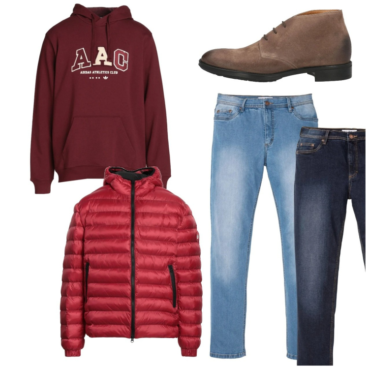 Outfit uomo - Total look. Stile Urban per Tutti i giorni. Abbinamento con jeans dritti, piumini, stivali e stivaletti, felpe con cappuccio.