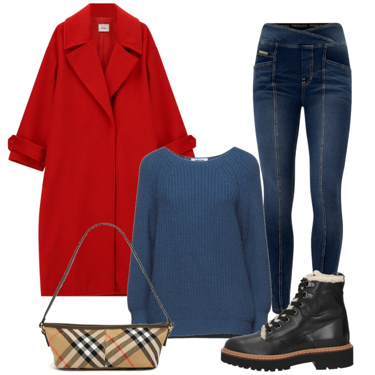 Outfit donna - Over rosso. Stile Urban per Tutti i giorni. Abbinamento con stivaletti, pullovers, jeans skinny, cappotti, borse a mano.