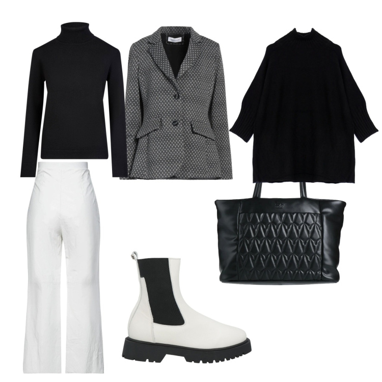 Outfit donna - A lavoro in bianco e nero. per Ufficio. Abbinamento con pantaloni, blazer, borse a mano, stivaletti chelsea, cappe, maglieria.