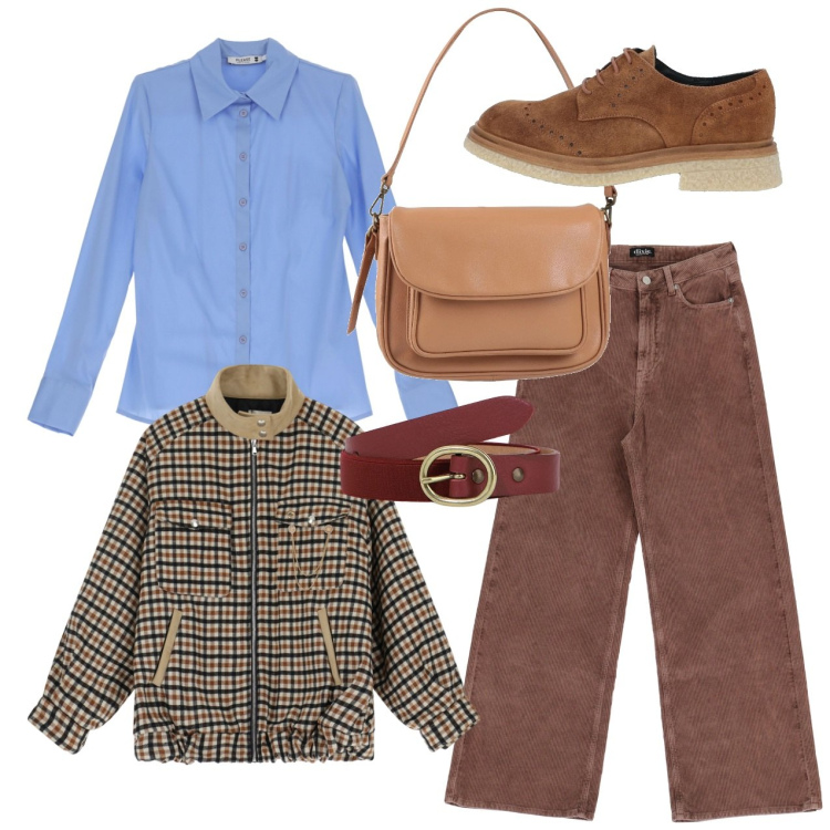 Outfit donna - La camicetta in ufficio. Stile Bon Ton per Ufficio. Abbinamento con scarpe stringate, borse a spalla, camicie, jeans, bomber, cinture.