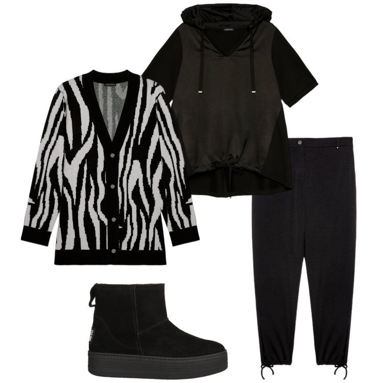 Outfit donna - Comoda a casa. Stile Casual per Tutti i giorni. Abbinamento con stivaletti, felpe con cappuccio, pantaloni, cardigans.