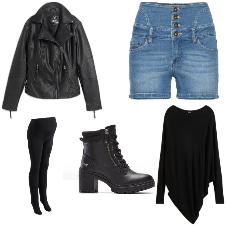 Outfit donna - Total look #2042586. Stile Casual per Serata fuori. Abbinamento con blazer, maglieria, collant, shorts, stivaletti.