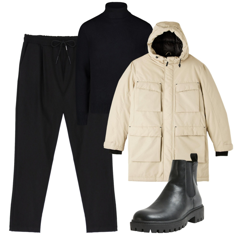 Outfit uomo - City. Stile Urban per Tutti i giorni. Abbinamento con parka, stivali e stivaletti, pantaloni, maglieria.