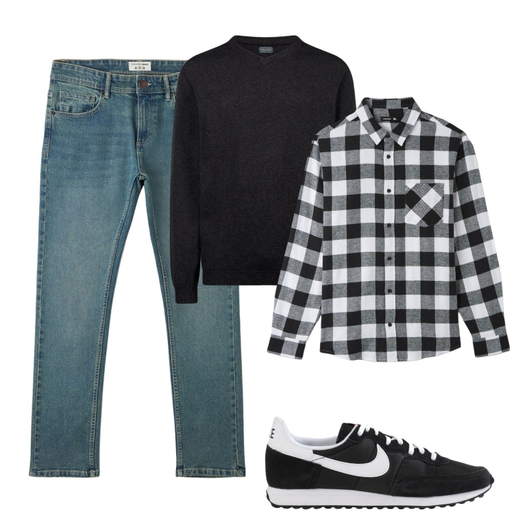 Outfit uomo - City. Stile Casual per Tutti i giorni. Abbinamento con sneakers, camicie, jeans, maglieria.