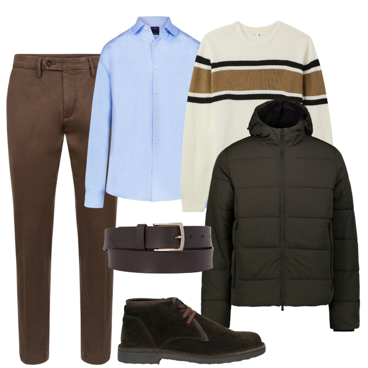 Outfit uomo - City. Stile Urban per Tutti i giorni. Abbinamento con stivali e stivaletti, maglieria, camicie, pantaloni chino, cinture, piumini.