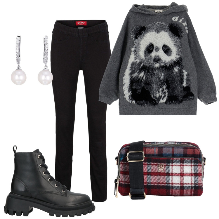 Outfit donna - Post feste. Stile Casual per Tutti i giorni. Abbinamento con jeggings, borse a tracolla, anfibi, orecchini, felpe con cappuccio.