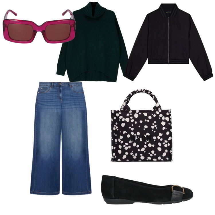 Outfit donna - all\'Università. per Scuola/Università. Abbinamento con ballerine, maglieria, bomber, jeans, occhiali da sole, shopping bag.
