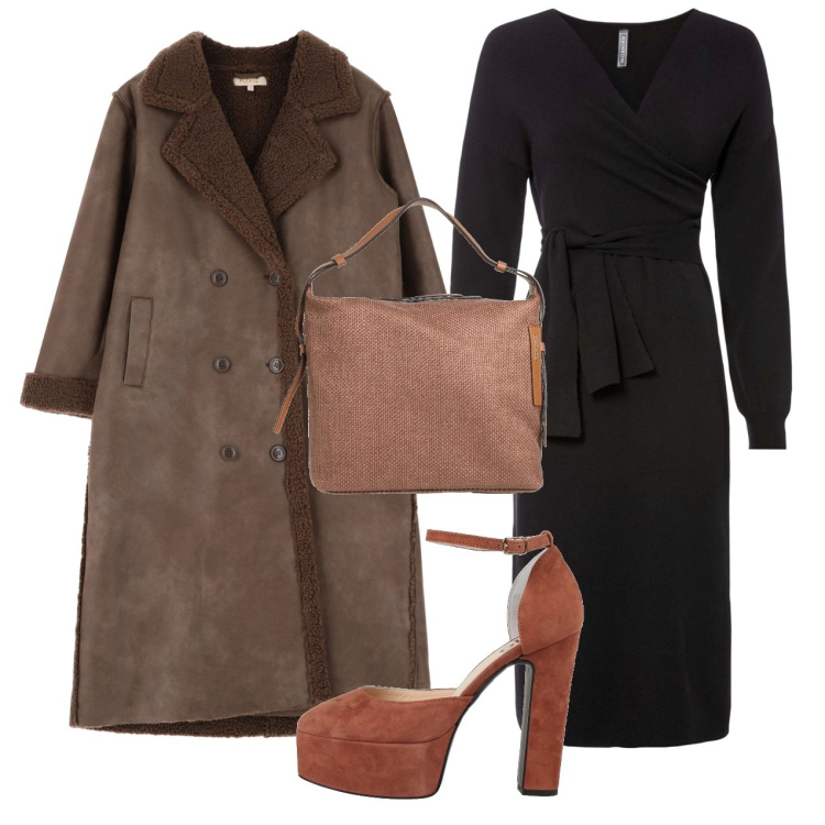 Outfit donna - Il vestito con la fusciacca. Stile Chic per Serata fuori. Abbinamento con vestiti, décolleté, borse a secchiello, cappotti.