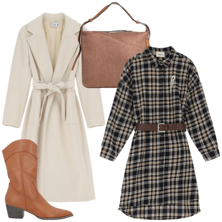 Outfit donna - Un poco country style. Stile Casual chic per Tutti i giorni. Abbinamento con stivali, borse a secchiello, cappotti, vestiti corti.