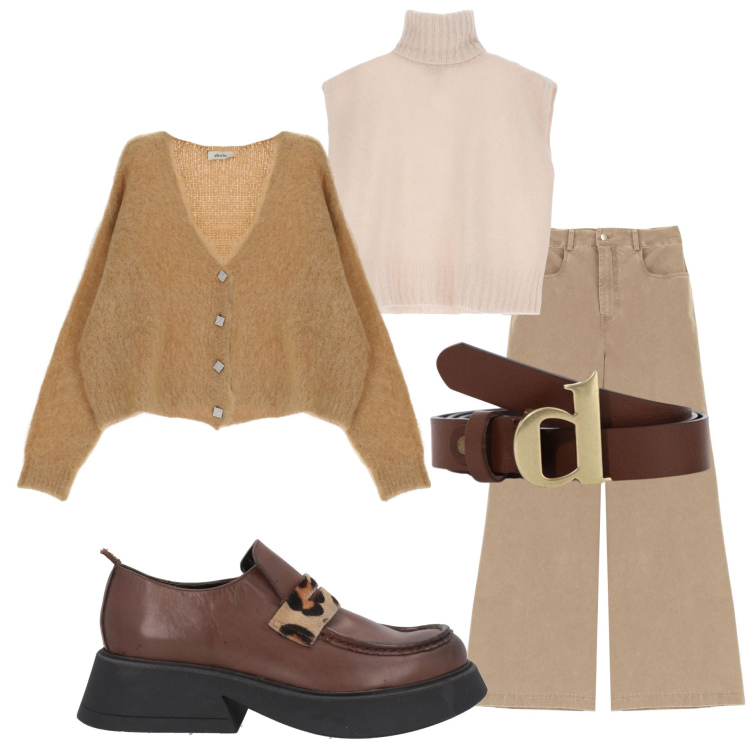 Outfit donna - Toni del marrone. Stile Sporty chic per Tutti i giorni. Abbinamento con mocassini, pantaloni, cardigans, gilet, cinture.