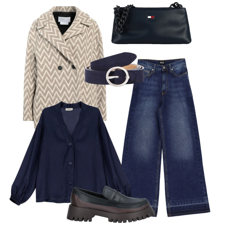 Outfit donna - Mix blu e beige. Stile Casual chic per Tutti i giorni. Abbinamento con caban, mocassini, borse a mano, camicie, cinture, jeans.