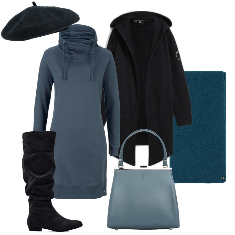 Outfit donna - L’abito in felpa. Stile Basic per Tutti i giorni. Abbinamento con vestiti, blazer, stivali, stole, clutch, cappelli e berretti.