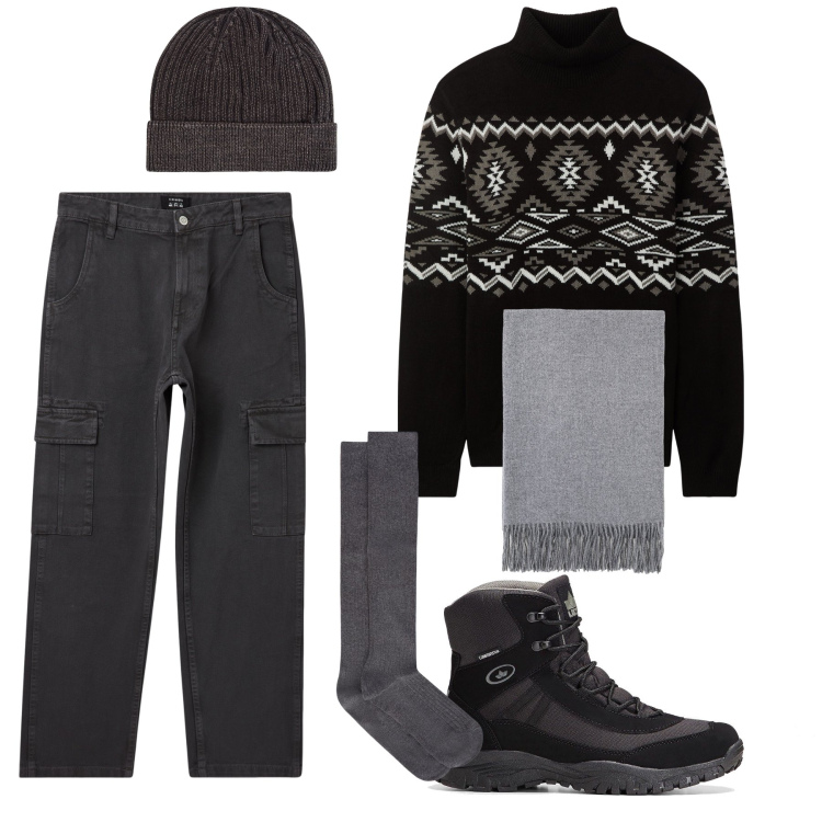 Outfit uomo - Gennaio in montagna. Stile Trendy per Tutti i giorni. Abbinamento con stivali e stivaletti, maglieria, berretti, pantaloni cargo, sciarpe, calzini.